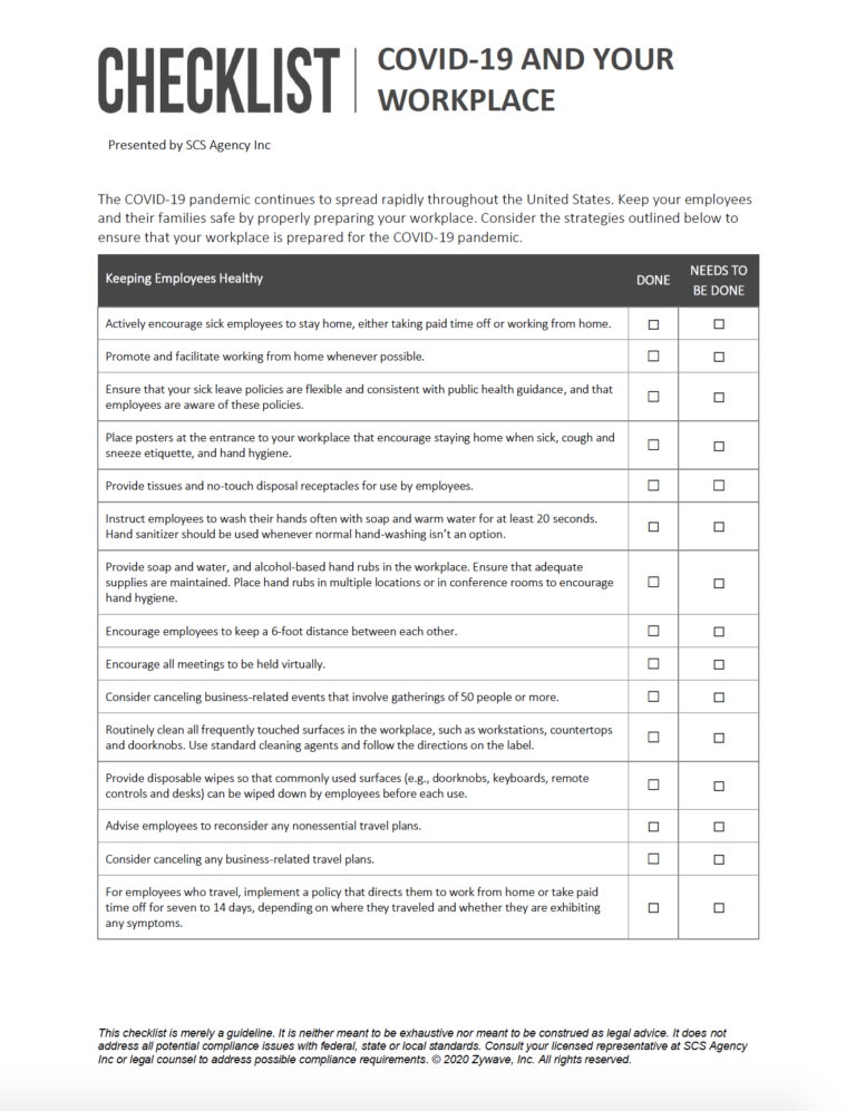 Checklist COVID19 and Your Workplace SCS Agency Insurance