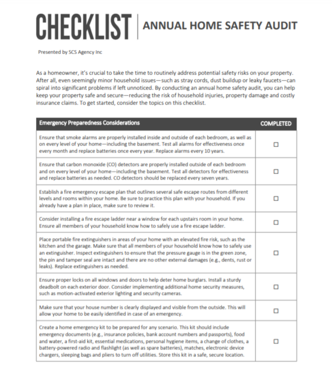 Annual Home Safety Audit Checklist SCS Agency Insurance