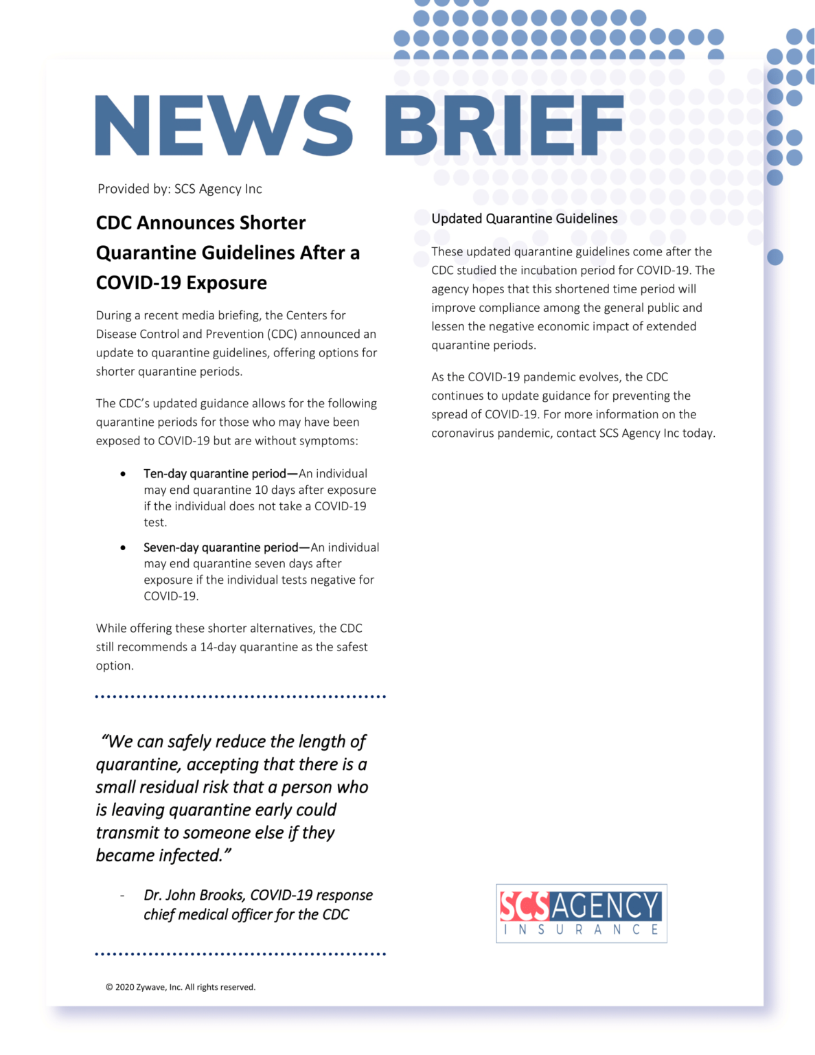 Updated CDC Quarantine Guidelines December 2020 SCS Agency Insurance