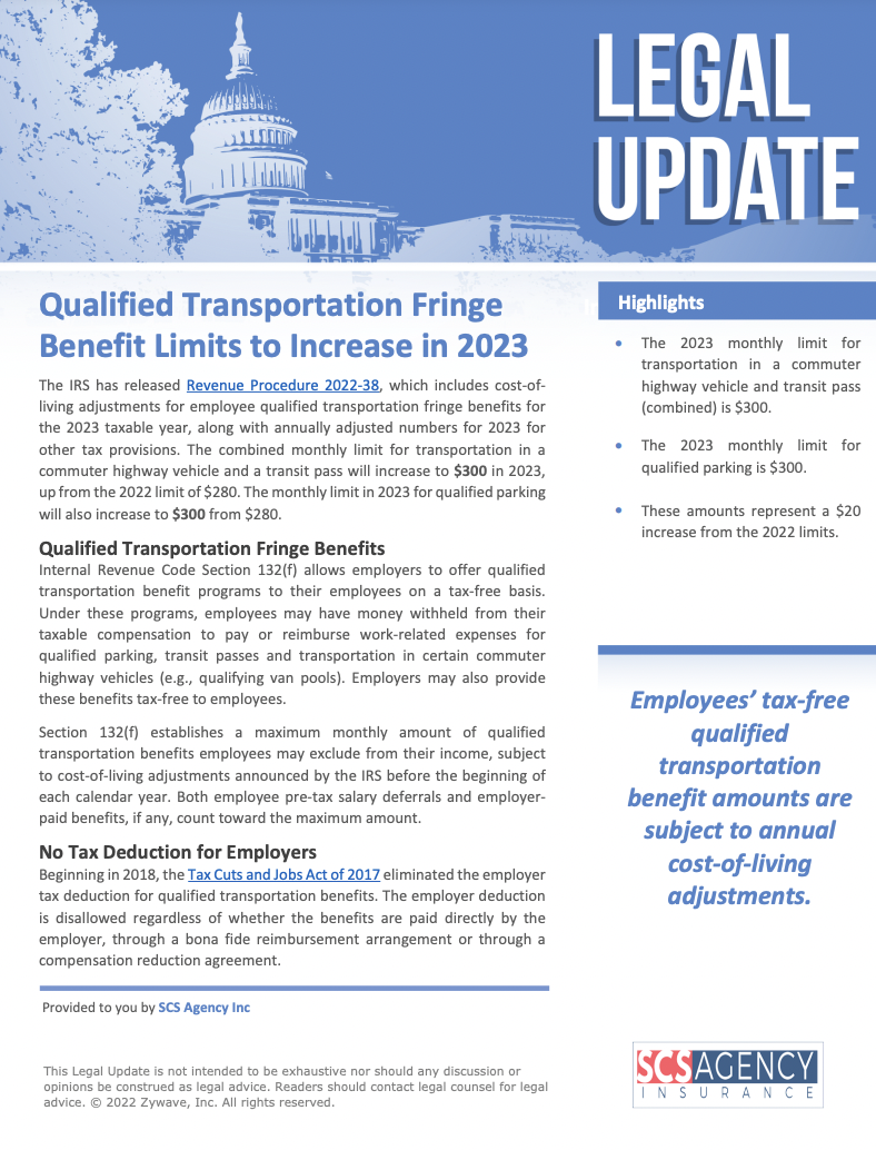 Qualified Transportation Fringe Benefit Limits to Increase SCS Agency